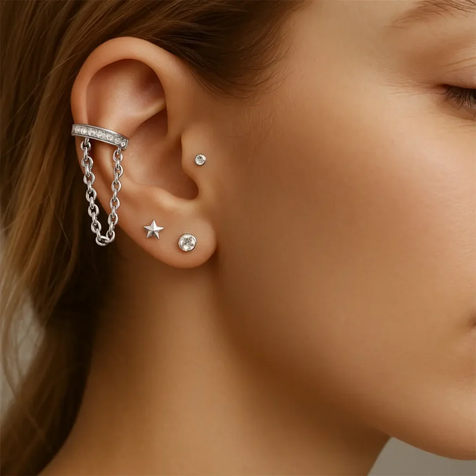 8mm diamond earring with two chains white
